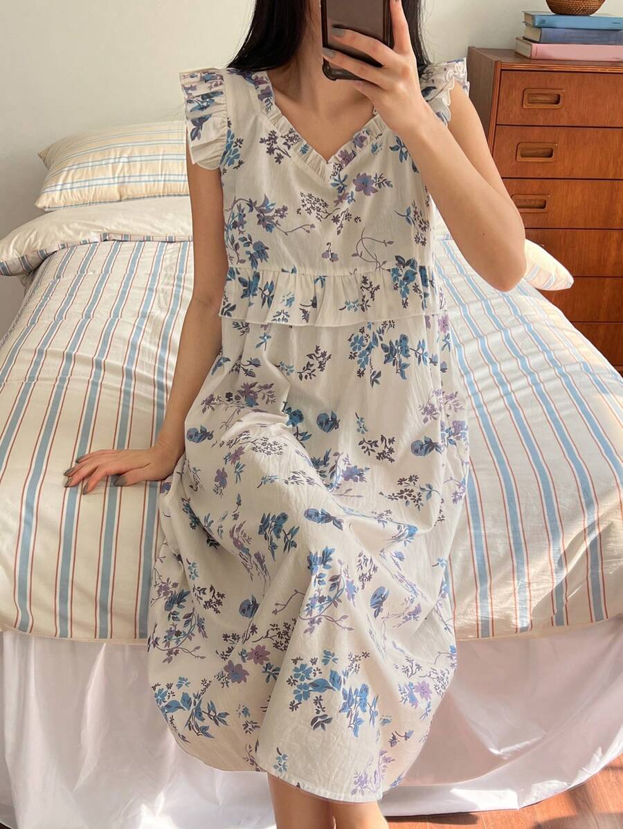 DAZY 女士甜美花卉印花荷叶边下摆睡袍睡裙睡衣