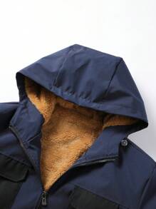 Manfinity Homme Men's Autumn/Winter Color Block Cargo Pockets Thermal Lined Hooded Jacket - Navy Blue - View 4