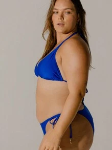 Aralina Plus Size Curve Vibrant Blue Solid Front Gold Trim Detail Halter Neck Triangle Bikini Set With Swim Bag Summer - Blue - View 7