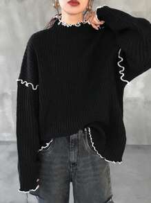 FRIFUL Jersey holgado de punto de manga larga con cuello de volantes y contraste de color para mujer, otoño/invierno
