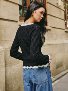 Poéselle Women's Cardigans Black & White Elegant Long Sleeve Cardigans Crochet Sweaters Women's Color Block Long Sleeve Single-Breasted Casual Black Cardigan, Autumn/Winter For Women Clothes Winter Women Outfits Y2k Clothes Black Long Sleeve Top Women Outfits Women Tops,Long Sleeve Top,