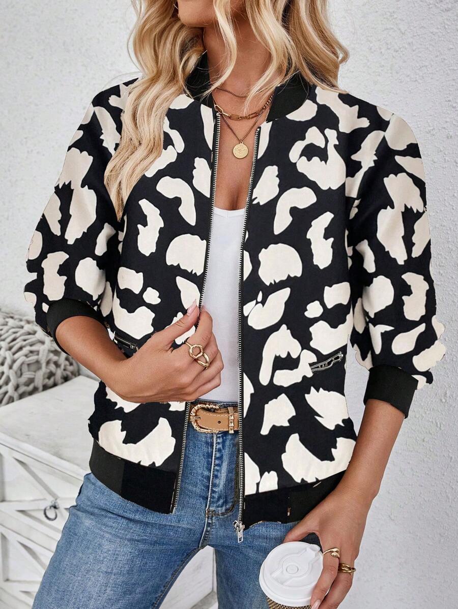 EMERY ROSE Women Casual Leopard Print Baseball Collar Jacket, Autumn - Black and White - View 1