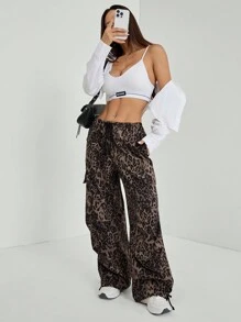 SHEIN PETITE 女士豹纹抽绳腰部降落伞工装裤 - 棕色 - 查看 4