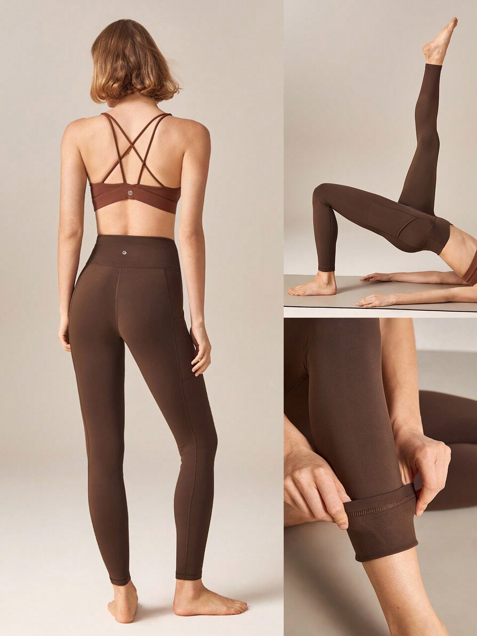 28" Fleece V-Shaped Crossover High-Waist Leggings With Pocket Fall Winter