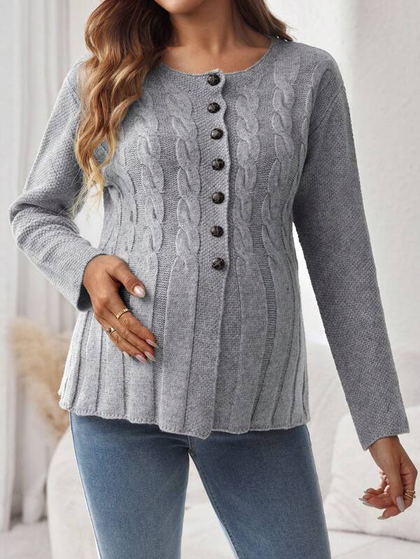 SHEIN 1pc Maternity Button Decor Solid Color Long Sleeve Sweater, Autumn/Winter
