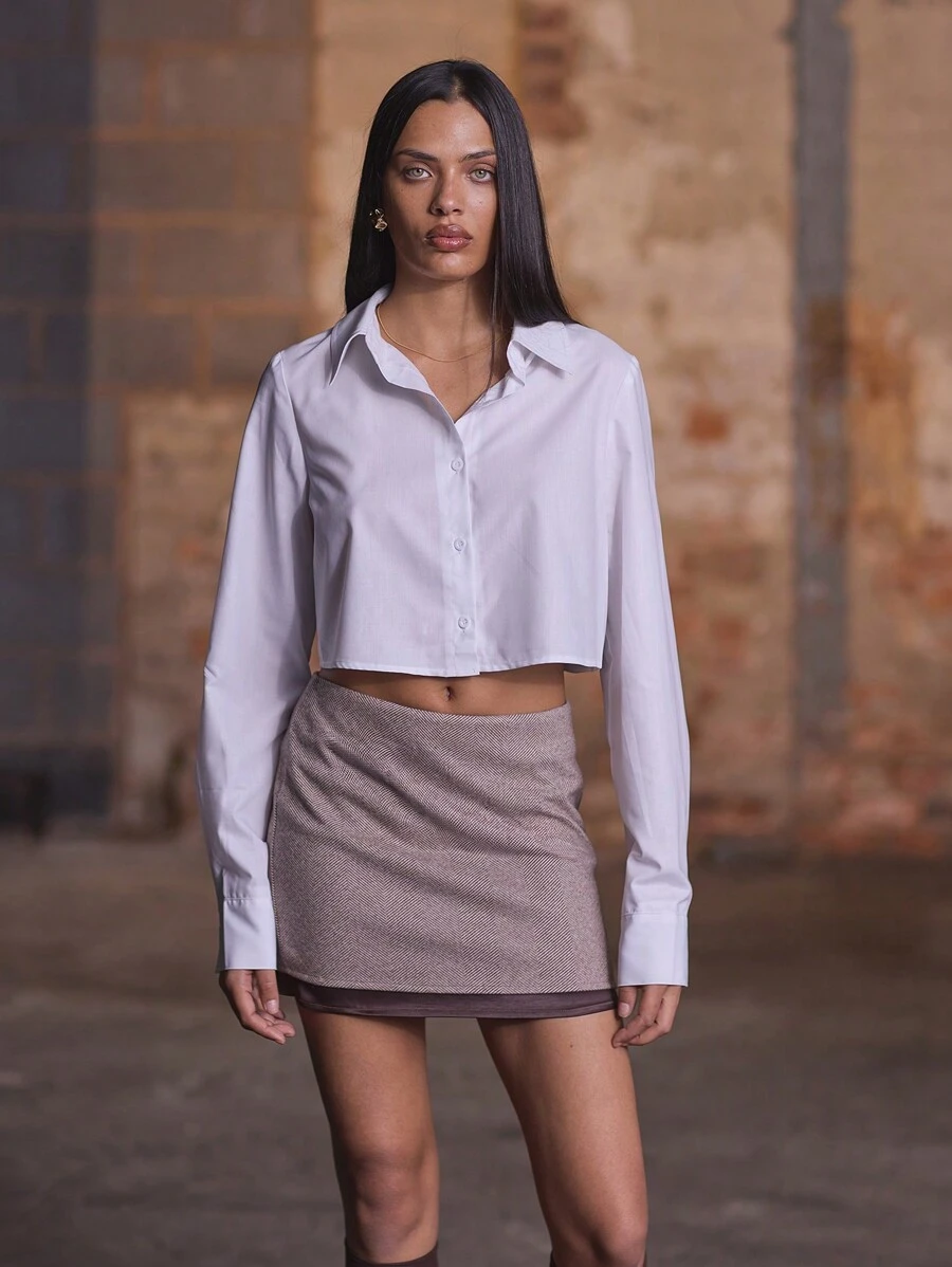 MUSERA Camisa cropped com botões e gola, ideal para férias, primavera e verão. Elegante e perfeita para as festas de fim de ano. - Branco - Ver 1