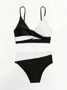 SHEIN Swim Women Sexy Cross Beach Bikini Set With Color Block Design,Summer Beach - Black and White - View 3