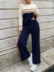 EURMUSE Women'S Striped Collared Sweater And Knitted Pants Two Piece Set - Multicolor - View 1