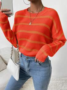 SHEIN LUNE Women's Round Neck Long Sleeve Striped Minimalist Pullover Sweater, Casual Daily Wear Knit Pullover Fall Winter - Orange - View 4