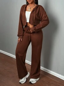 Slaydiva Set casual composto da felpa con cappuccio e chiusura lampo e pantaloni dritti con laccetto, colore marrone e tinta unita, adatto per donna - Castano - Visualizzare 6