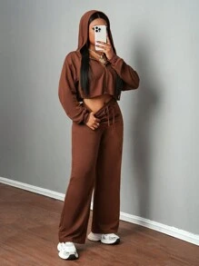 Slaydiva Set casual composto da felpa con cappuccio e chiusura lampo e pantaloni dritti con laccetto, colore marrone e tinta unita, adatto per donna - Castano - Visualizzare 7