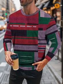 Manfinity Homme Plus Size Men's Striped Round Neck Long Sleeve Casual T-Shirt, Autumn - Multicolor - View 3