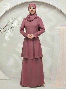 Graceveil Conjunto modesto de top de manga larga de unicolor con cuello en V y falda midi para mujer (Baju Kurung) - Púrpura polvoriento - Ver 4