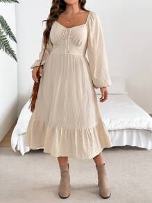 SHEIN VCAY Plus Size Rhinestone V-Neck Front Tie Long Sleeve Casual Dress - Apricot - View 1