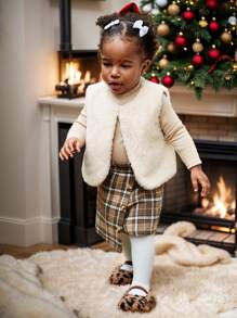 Cozy Pixies 3pcs/Set Baby Girl Solid Color Knitted Soft Mock Neck Sweater, Plaid Skirt And Sleeveless Furry Vest, Warm And Versatile For Winter, Suitable For Casual, Indoor, Holiday, Christmas, New Year Occasions - Multicolor - View 1