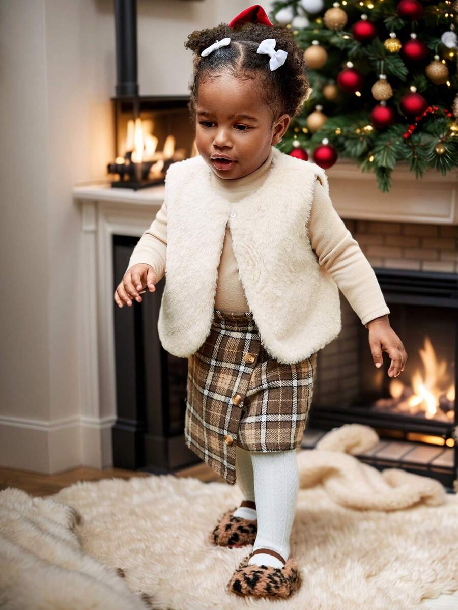 Cozy Pixies 3pcs/Set Baby Girl Solid Color Knitted Soft Mock Neck Sweater, Plaid Skirt And Sleeveless Furry Vest, Warm And Versatile For Winter, Suitable For Casual, Indoor, Holiday, Christmas, New Year Occasions - Multicolor - View 1