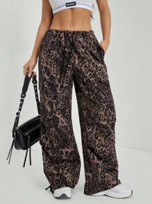 SHEIN PETITE 女士豹纹抽绳腰部降落伞工装裤 - 棕色 - 查看 3