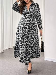 SHEIN LUNE 大码秋季休闲豹纹长裙超长女装 - 黑色 - 查看 3