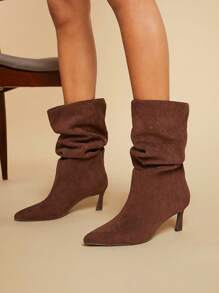 Women's Fashionable & Comfortable Point Toe Side Zipper Kitten Heel Mid-Calf Boots Spring Shoes Spring Break Easter - Brown - View 5