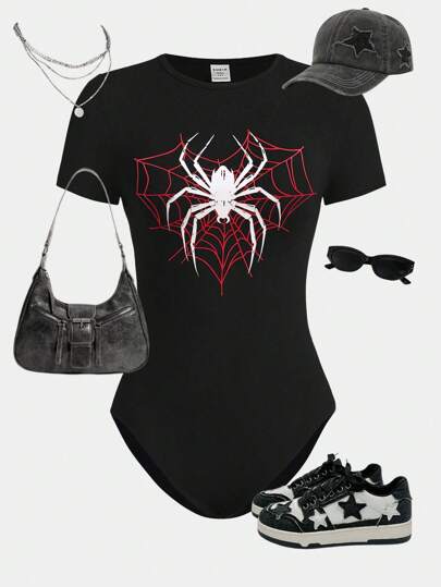 SHEIN Girlism 少女纯色蜘蛛印花圆领紧身休闲连体裤