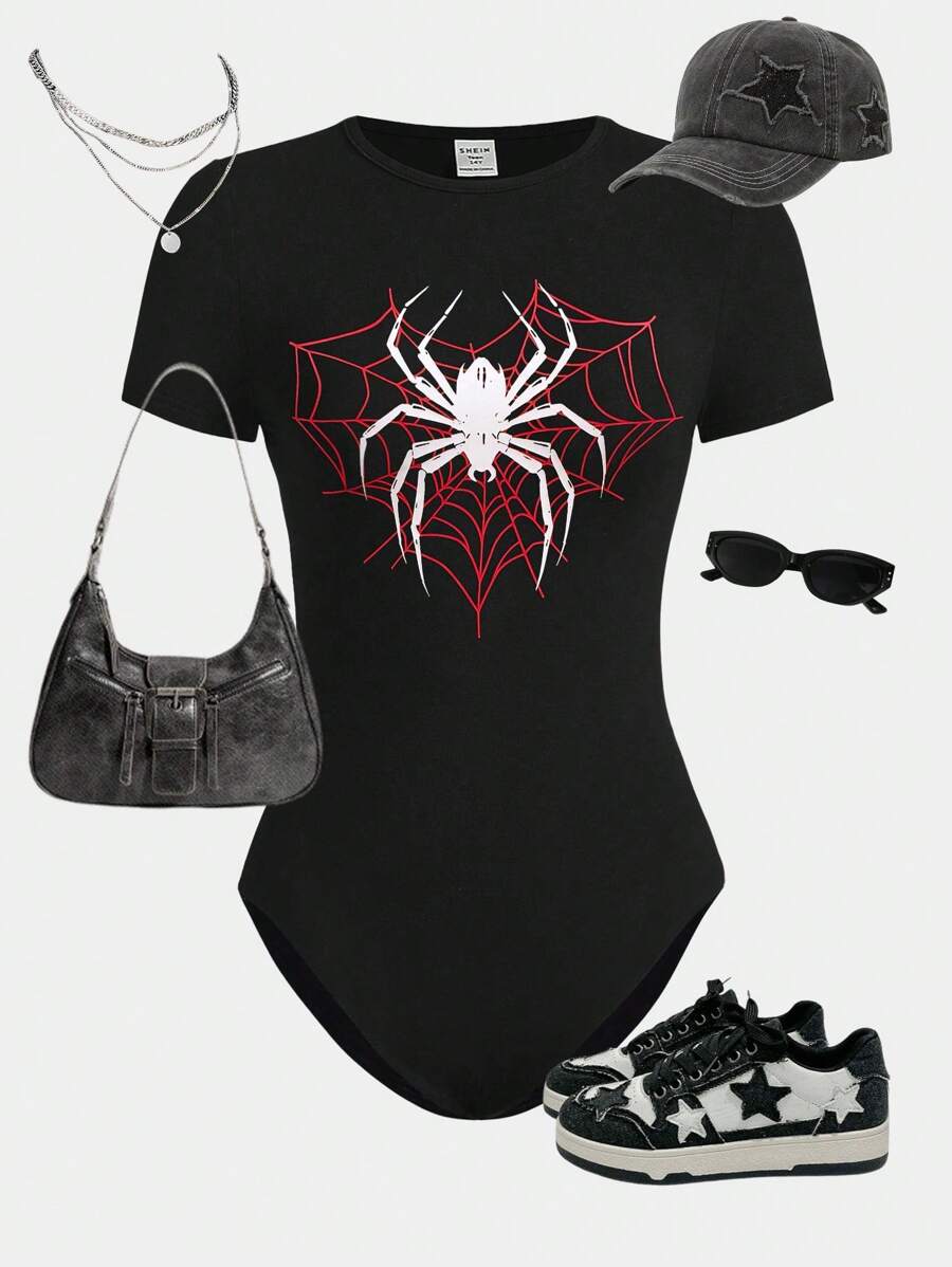 SHEIN Girlism 少女纯色蜘蛛印花圆领紧身休闲连体裤