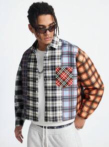 Manfinity RebelGame 男士拼布宽松梭织长袖格子衬衫 - 彩色 - 查看 4