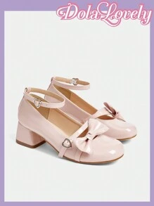 Dola Lovely Round Toe Slingback Bow Decor Thick Heels Pumps, Fashion Women High Heel Shoes Valentine's Day - Pink - View 4