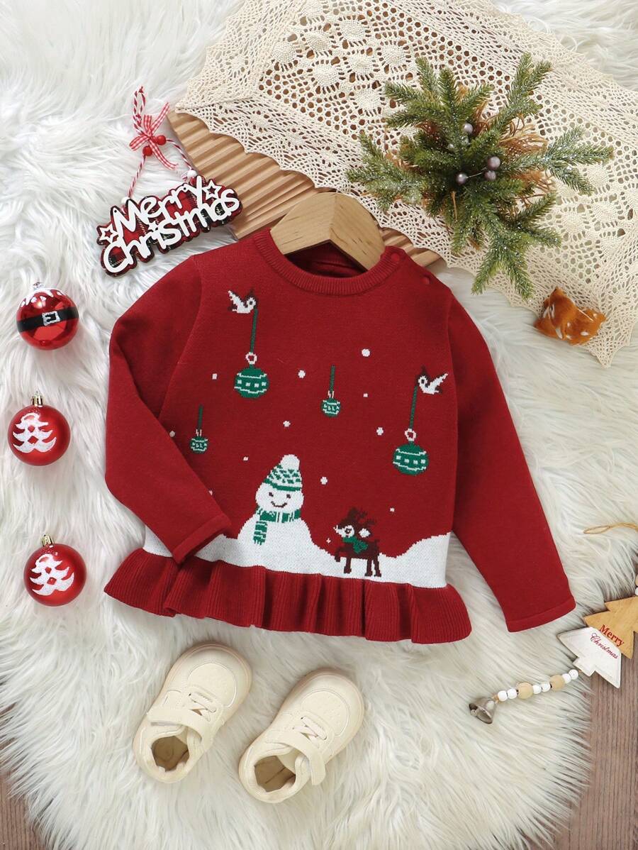 Baby Girls Cute Red Christmas Themed Knit Sweater,Autumn Long Sleeve Crew Neck Flounced Hem Soft Knitwear For Birthday,Casual,Home,Daycare & Parties - Red - View 1