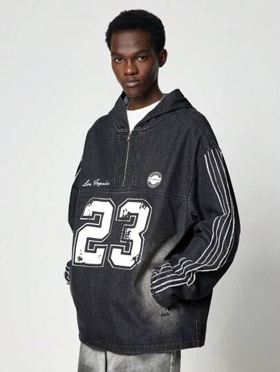 Prep جاكيت جينز طويلة الأكمام عادية للرجال مطبوع عليها أرقام، بسحاب أمامي