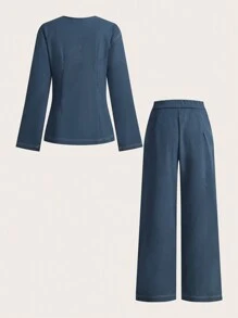 Modelyn 2 件套女士纯色上衣和裤子，简约时尚休闲装，适合日常穿着 2 件套 - 霧霾藍 - 查看 2