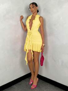 SHEIN BAE Đầm dự tiệc mùa hè xếp nếp cổ yếm màu trơn cho nữ - Màu vàng - Xem 5