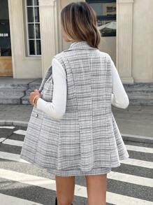 Serisse 女士格子领双排扣背心和 A 字裙优雅两件套，秋冬