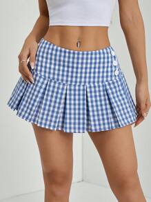 SHEIN PETITE 女士格子印花简约日常 A 字裙、网球裙系列 - 藍色 - 查看 6