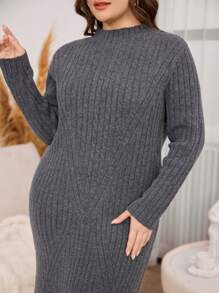 Mulvari Plus Size Solid Color Stand Collar Long Sleeve Casual Knit Dress