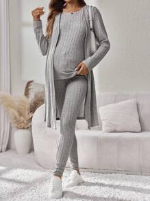 SHEIN 3-Piece Set: Knit Solid Ribbed Tank Top Cardigan & Wide Leg Pants - Light Grey - View 1