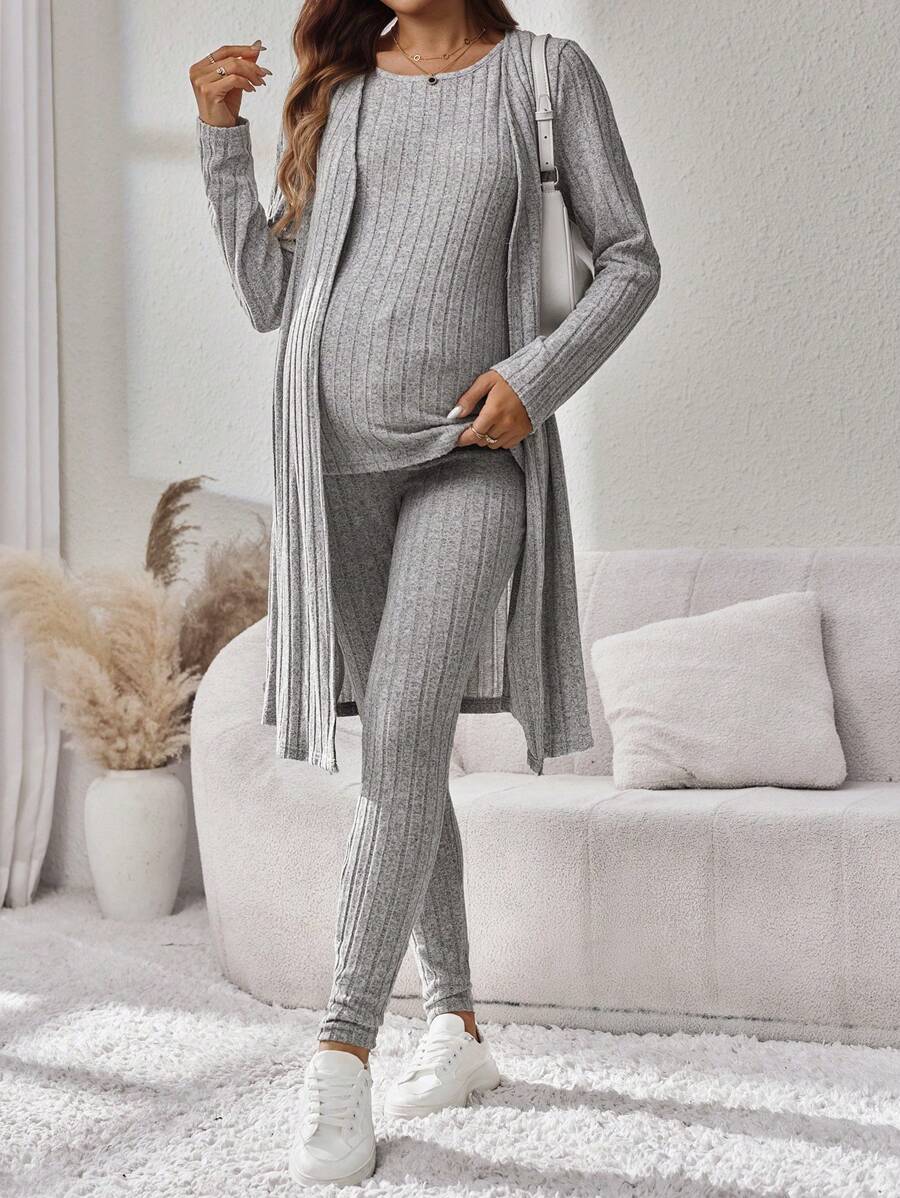 SHEIN 3-Piece Set: Knit Solid Ribbed Tank Top Cardigan & Wide Leg Pants - Light Grey - View 1