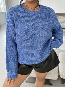 INAWLY Suéter casual de cuello redondo de unicolor de manga larga, para invierno, tejido, tipo jersey de otoño, talla grande - Azul - Ver 1