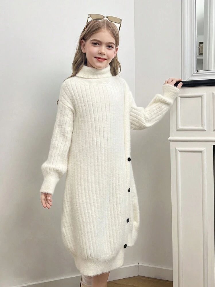 青少年女孩宽松休闲冬季蓬松围脖宽松 A 字形拼接时尚套头连衣裙 - 白色 - 查看 1
