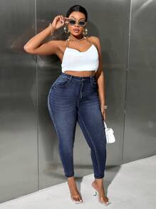 SHEIN Lady 蓝色大码牛仔裤性感紧身弹力九分裤舒适百搭日常休闲装时尚打底裤返校教师服装 - 深色水洗藍 - 查看 5