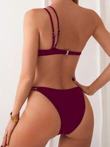 SHEIN Swim 2pcs 2025 New Fashion Women Elegant Cutout Metal Accent Burgundy Bikini Set Summer - Burgundy - View 2