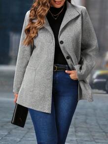 SHEIN LUNE Elegant Solid Color Pocket Overcoat For Plus Size Women, Autumn/Winter - Grey - View 5