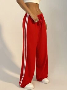 SHEIN Unity Casual Drawstring Striped Waist Straight-Legged Shorts For New Year Clothes Fall Cloth For Women - Red - View 4