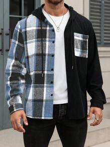 Manfinity Homme 大码男士休闲格子拼接抽绳连帽外套，秋季 - 彩色 - 查看 4