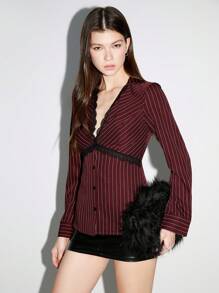 TRNVIE 1 Pc Burgundy Office Commuter Mermaid Chic Striped Print Deep V-Neck Lace Insert Fitted Long Sleeve Blouse, Autumn/Winter Women Shirt Fall Cloth For Women