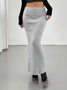 Chiquease Women's Low-Waist Fitted Long Knitted Bodycon Skirt - Grey - View 4