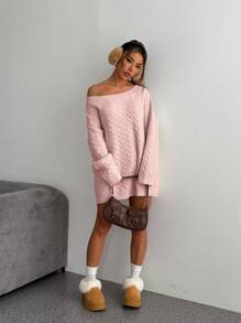 SHEIN Unity Women Autumn/Winter Vintage Loose Dropped Shoulder Oatmeal Thick Knit Sweater, Casual Street Wear Knit Pullover Fall Sweater - Pink - View 3