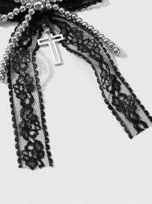 ROMWE Kawaii 1 chiếc Y2K phong cách Gothic đính hạt thủ công CCB bạc, nơ lưới ren đen, mặt dây chuyền hình thánh giá rỗng móc khóa túi xách, phù hợp cho phụ nữ/bé gái mặc hàng ngày, quà tặng ngày lễ tình nhân, Halloween - màu đen - Xem 9