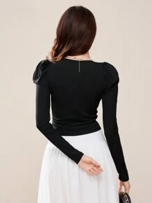 EastFlair Women Elegant Solid Black Christmas Long Sleeve Top, Korean Style Princess Sleeve Asymmetrical Hem Color Block Blouse, Winter/New Year Wear