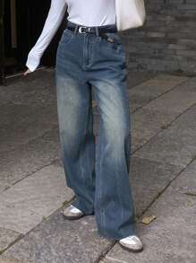 DAZY Distressed Faded Frayed Hem Pocket Straight Leg Women Jeans - Blue - View 1