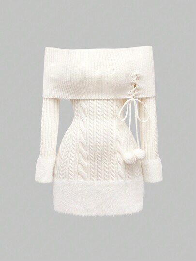 Kawaii Off Shoulder Fuzzy Ball Pendant Decor Women Himekaji Sweater Party Dress For New Year, Valentine's Day